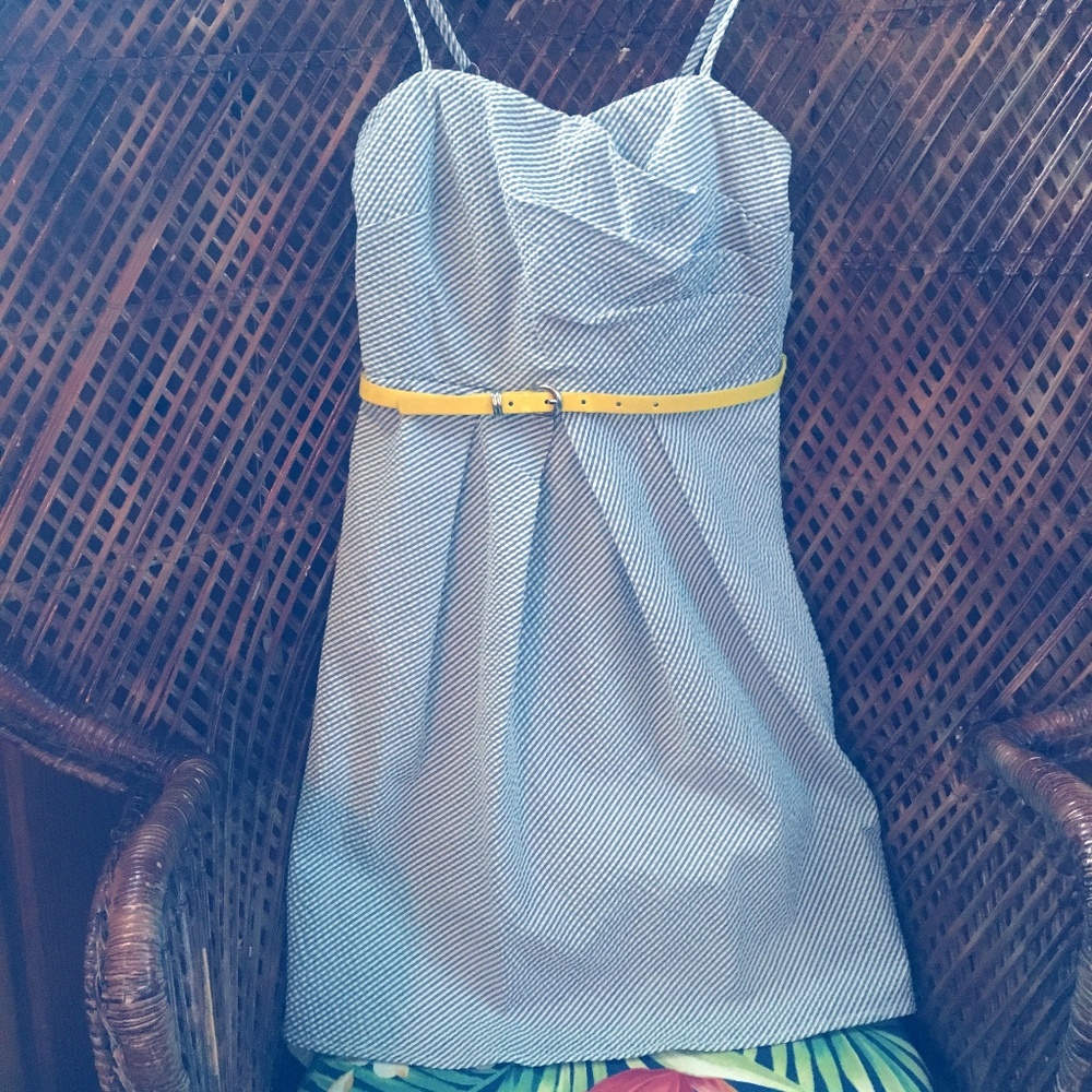 IZ Byer Blue/White Pleated Bust Seersucker Dress